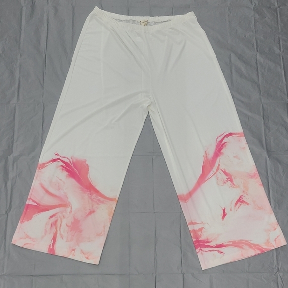 cloth & portrait Pants - White Palazzo Pants with Pink Marble Design Wide Leg High Rise Bohemian Artsy